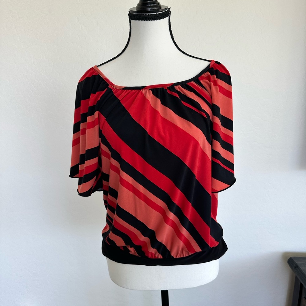 Red and Pink Asymmetrical Flutter Sleeve Blouse